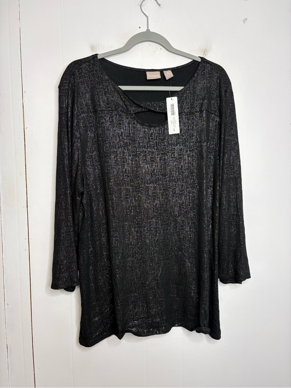 Chicos Top Womens Extra Large 3 Twisted Keyhole Foil Knit Stretchy Jersey New